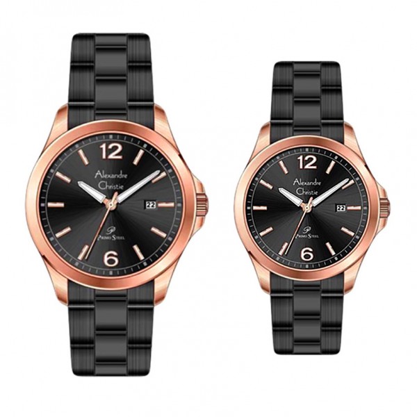 Alexandre Christie AC 1029 Rosegold Black Steel Couple